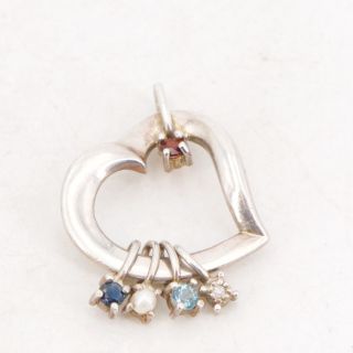 Vtg Sterling Silver - Lenox Garnet,  Diamond,  Topaz & Sapphire Heart Pendant - 5g