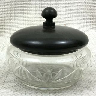 Antique Victorian Powder Pot Lidded Vanity Jar Ebony Wood Cut Glass Crystal