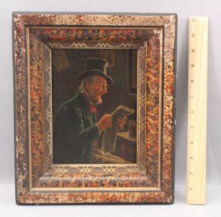 19thc Antique German Genre Portrait Oil Painting,  Top Hat Man Reading Newspaper