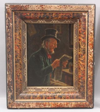 19thC Antique German Genre Portrait Oil Painting,  Top Hat Man Reading Newspaper 2