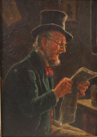 19thC Antique German Genre Portrait Oil Painting,  Top Hat Man Reading Newspaper 3
