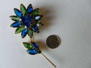 Vintage Green & Blue Open Back Rhinestone Flower Brooch Pin Gold Tone Metal