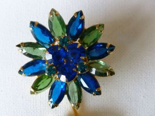 Vintage Green & Blue Open Back Rhinestone Flower Brooch Pin Gold Tone Metal 3