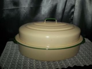 Vtg Big Oval Enamelware Cream And Green Trim Roaster Pan With Lid & Handles Guc