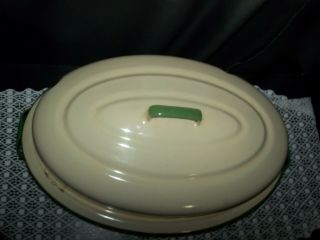 vtg big oval Enamelware Cream and Green Trim Roaster Pan with Lid & Handles Guc 2
