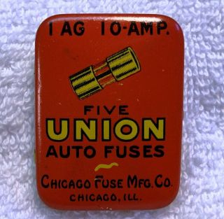 Vintage Antique Union Auto Fuse Tin With 5 Fuses,  1ag 10 - Amp,