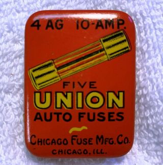 Vintage Antique Union Auto Fuse Tin With 5 Fuses,  4ag 10 - Amp,