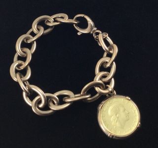 Vintage Barse Italy Rose Gold Tone Brass Link 200 Lire Coin Charm Bracelet 8.  75 "
