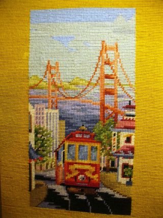 Vintage Framed San Francisco Golden Gate Bridge / Trolley Quilted Art Awesome