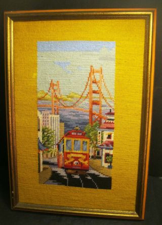 vintage framed SAN FRANCISCO Golden Gate Bridge / Trolley QUILTED ART awesome 2