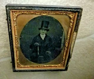Antique Ambrotype Photograph Victorian Man In Tall Hat 19th Century Portrait