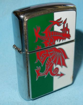 Vintage Zippo Welsh Dragon Enamel Flag Chrome Cigarette Lighter