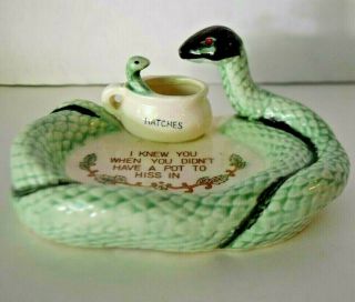 Snake Ashtray Matches Holder Pot To Hiss In Vintage Green With Red Eyes