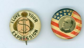 2 Vtg 1896 President Mckinley Political Campaign Pinback Buttons Gold Dollar