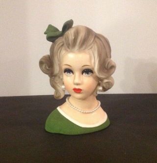 Vintage Napco 7 " Lady Head Vase C8500 Japan Green Bow Necklace Earrings