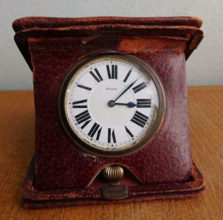 Antique Leather Clad Octava Watch Co 8 Day Swiss Travel Clock 1900s