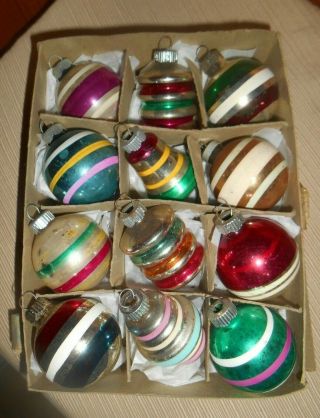 Vintage Small Shiny Brite Glass Christmas Ornament Box Stripes Lanterns Bells