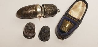 4 Old Thimbles - For Sewing - Sterling Silver - Etched - Cases - Leather - Spool Holder
