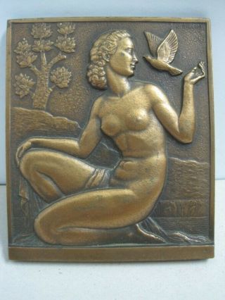 Antique Bronze Medal Signed L.  Gibert Nude Woman With A Pigeon