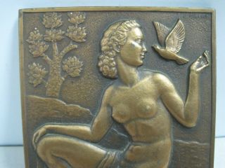 Antique Bronze Medal Signed L.  Gibert Nude Woman with a Pigeon 2