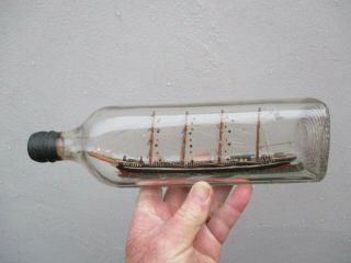 A Fine Antique Folk Art Hand Painted Wooden Ship In A Bottle C1900