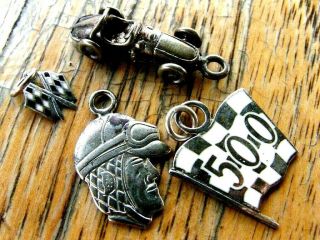 Set 4 Vintage Indianapolis 500 Speedway Sterling Silver Race Car Charm Flag,