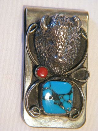 Vintage Silver Buffalo Turquoise Coral Money Clip