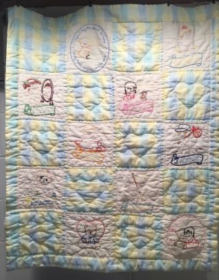 Vintage Baby Quilt Blanket Embroidered Prayer Mother Goose Mondays Child Unisex