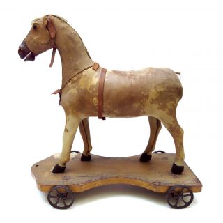 Antique Large 26 " Horse Pull Toy Iron Wheels Wood Platform Glass Eyes
