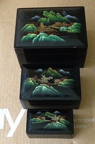 Vintage Set Of 3 Nesting Black Lacquer Hand Painted Boxes China