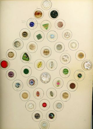 9 X 12 Card Of 42 Small & Medium Glass Buttons.  33 Of Them Have 4 Way Box Shank