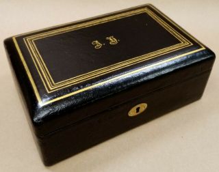 Antique Victorian Jewellery Box - Wood/black Leather With Lid Decoration