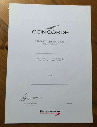Blank British Airways Concorde Flight Certificate From The Late 90s