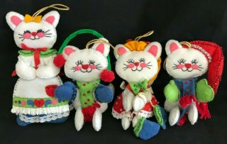 Vintage Three 3 Little Kittens & Mama Felt Jeweled Christmas Ornaments Bucilla