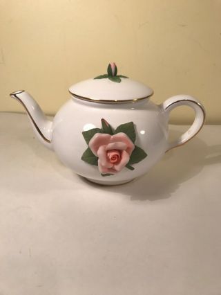 Vintage Teleflora 3 - D Pink Rose Teapot White With Gold Trim