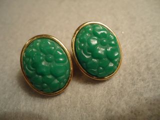 Vintage Faux Jade Green Peking Glass Oval Carved Flower Post Earrings