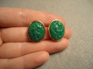 Vintage Faux Jade Green Peking Glass Oval Carved Flower Post Earrings 3