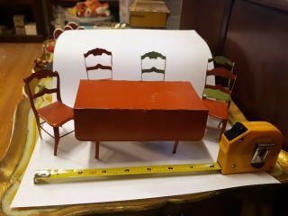 Old Painted Antique Metal Tin Doll House Furniture Dining Room Table & Chairs