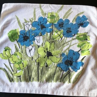 Vintage 60s Vera Neumann Pair Bath Towels Blue Green Flowers Terrycloth 22 X 46