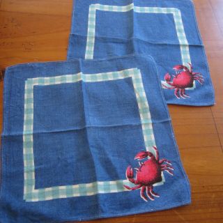 2 Vintage Serviettes Blue Pink Crab 1950s Linen / Cotton Fabric Retro Sea Life