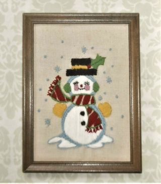 Darling Vintage Christmas Snowman Finished Completed Framed Crewel Embroidery