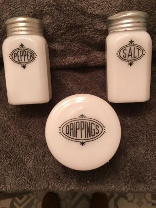 Vtg Hazel Atlas Milk Glass Salt/pepper Shakers,  Drippings Jar