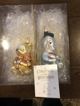 Vintage Disney Winnie The Pooh 2 Glass Christmas Ornaments & Eeyore