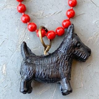 Vintage Scotty Dog Necklace Celluloid Charm Red Enamel Ball Bead Necklace