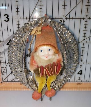 Vintage Christmas Ornament Elf Playing Accordion Pixie Pine Cone Tinsel Wreath