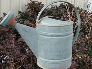 Vintage Galvanized 8 Garden Farm Watering Can Green Red Painted Sprinkler Spout