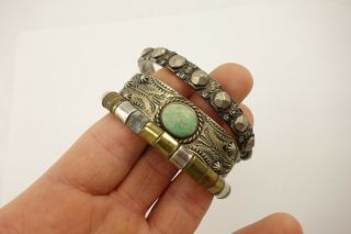 3 Antique Vintage Navajo Sterling Silver Cuff Bracelets Punch Outs Turquoise 65g