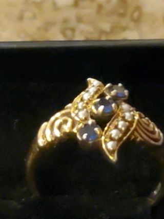 Antique Victorian 10k YGold 3 Stone sapphire and 6 seed pearl Ring size 7 2