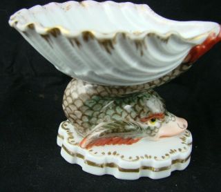 Antique Kpm Berlin Porcelain Figural Dolphin & Shell Table Salt Peacock Pattern