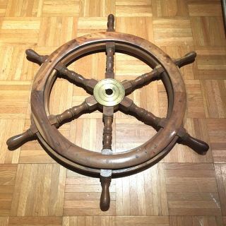 Authentic 28 1/2 " Solid Teak Wood Nautical Ship Steering Wheel
